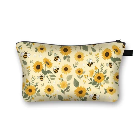 Women Large Capacity Sunflower Print Cosmetic Bag Portable Polyester Toiletry Storage Wash Bag For Travel Daily Makeup Pouch