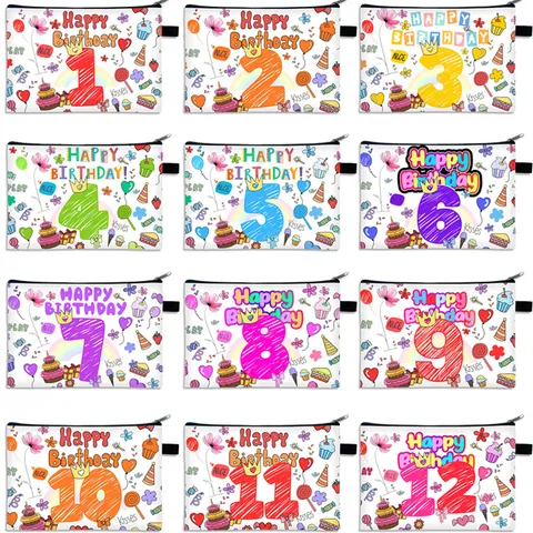 Happy Birthday Cosmetic Bag Cartoon Cake Pattern Number 1-12 Print Polyester Zippered Makeup Pouch Travel Toiletry Organizer