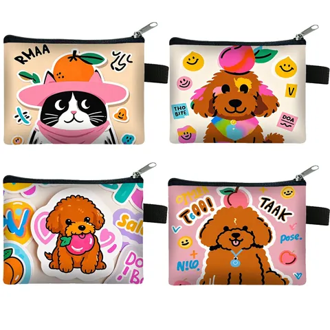 Cartoon Kat Hond Muntportemonnee Schattig Dier Patroon Rits Kleine Pouch Polyester Mini Portemonnee Voor Studenten Cadeau Kinderen Muntentas