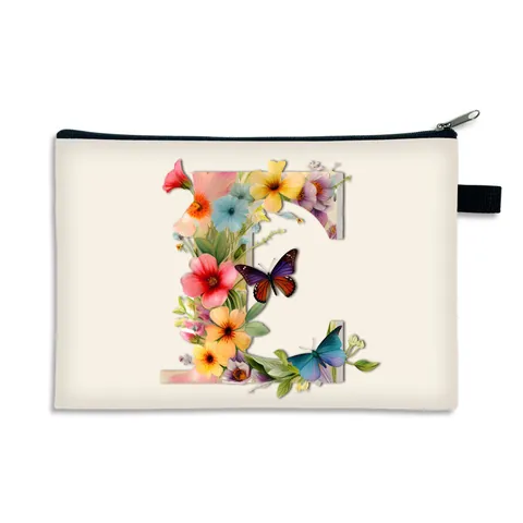 Women Alphabet Flower Butterfly Print Polyester Makeup Bag Large Capacity Portable Zippered Pouch Coin Purse Storage Bag