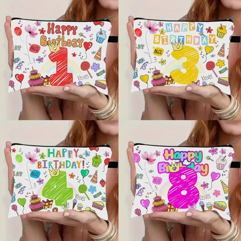 Happy Birthday Cosmetic Bag Cartoon Cake Pattern Number 1-12 Print Polyester Zippered Makeup Pouch Travel Toiletry Organizer