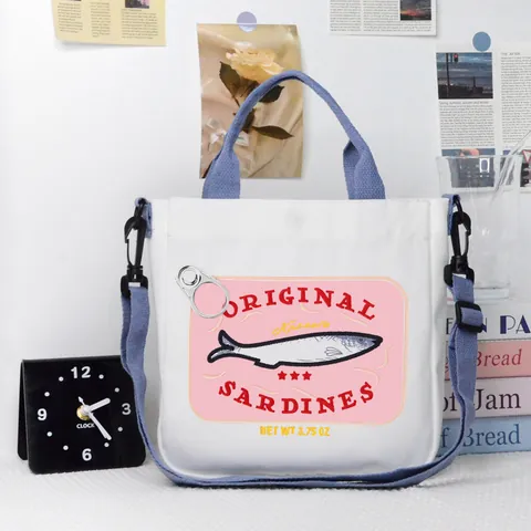 Sac Cabas en Toile Imprimé Sardines Vintage Grande Capacité Sac Bandoulière Étudiant Sac à Main Imprimé Animal Mignon pour École Quotidien