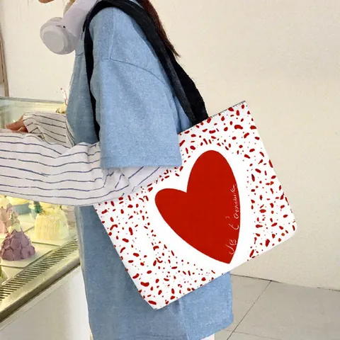 Γυναικεία Τσάντα Tote από Καμβά Μεγάλης Χωρητικότητας Εκτύπωση Καρδιά Τριαντάφυλλο Τσάντα Ώμου Οικολογική Δώρο Αγίου Βαλεντίνου Τσάντα Αγορών