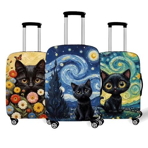 Van Gogh Starry Night Black Cat Suitcase Cover Elastic Dustproof Luggage Protector For 18-32 Inch Travel Case Washable Suitcase Sleeve