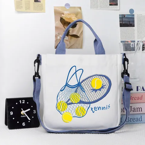 Women Kids Canvas Tennis Print Tote Bag With Adjustable Strap Casual Student Shoulder Messenger Bag Storage Handbag