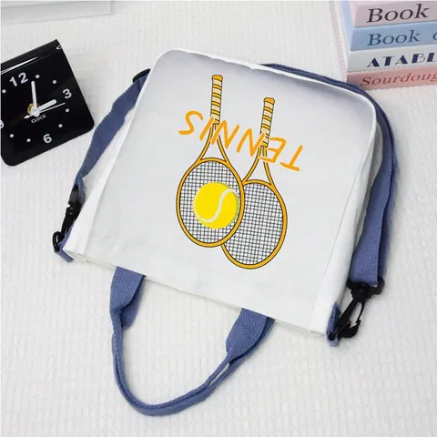 Women Kids Canvas Tennis Print Tote Bag With Adjustable Strap Casual Student Shoulder Messenger Bag Storage Handbag