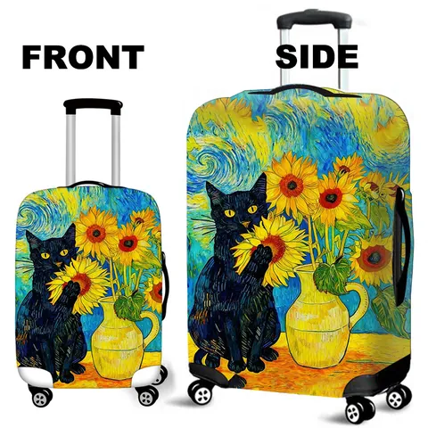 Elastic Luggage Cover Protector Artistic Van Gogh Style Oil Painting Cat Sunflower Pattern Dustproof Travel Suitcase Sleeve