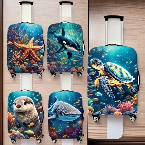 Copertura Elastica per Valigia Protettiva Con Motivo Animali Marini Vita Oceanica Poliestere Spandex per Borse da Viaggio
