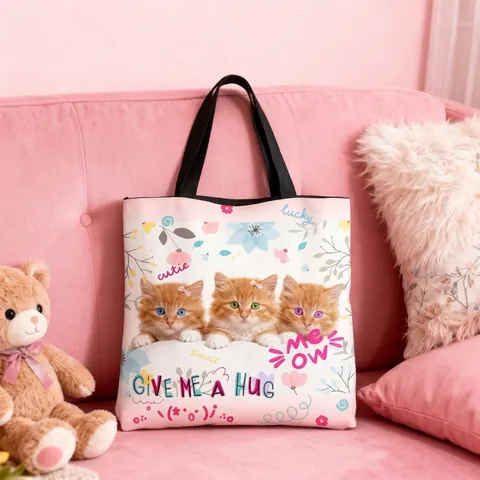 Women's Cute Cat Print Polyester Tote Bag Japanese Style Eco Friendly Large Capacity Handbag Versatile Shoulder Shopping Bag
