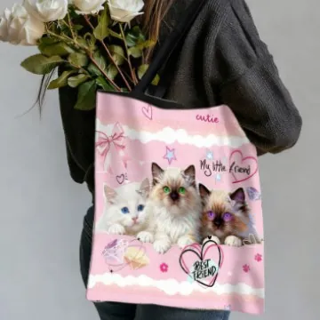 Women's Cute Cat Print Polyester Tote Bag Japanese Style Eco Friendly Large Capacity Handbag Versatile Shoulder Shopping Bag