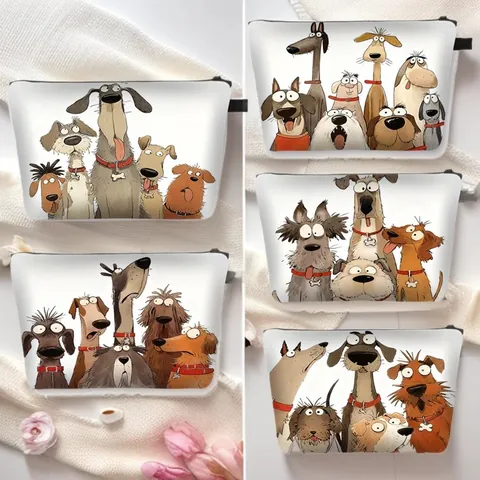 Women Cute Cartoon Dog Print Makeup Bag Polyester Portable Travel Toiletry Organizer Zipper Cosmetic Storage Pouch