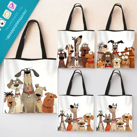 Damen Große Kapazität Polyester Tragetasche Cartoon Hundedruck Einkaufstasche Schultertasche Wiederverwendbare Handtasche Alltag
