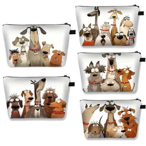 Women Cute Cartoon Dog Print Makeup Bag Polyester Portable Travel Toiletry Organizer Zipper Cosmetic Storage Pouch