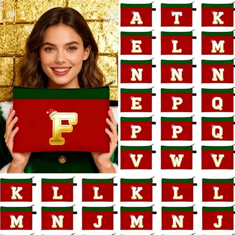 Christmas Cosmetic Bag Large Capacity Polyester Letter Printed Pouch For Women Festive Holiday Gift Storage Bag Wash Bag
