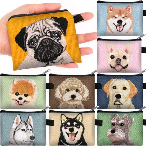 Cute Dog Embroidery Coin Purse For Women Men Mini Fabric Zipper Wallet Portable Small Key Storage Bag Pet Lovers Gift