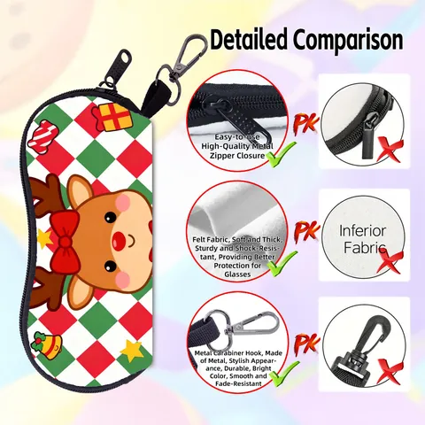 Custodia per Occhiali Portatile con Stampa di Animali Cartoni Animati di Natale con Gancio e Cerniera Morbida Borsa per Renna Babbo Natale Pupazzo di Neve