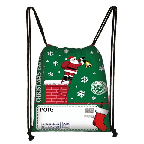 Christmas Reusable Polyester Drawstring Bag Holiday Storage Backpack Portable Santa Reindeer Pattern Festive Sack Gift Bag