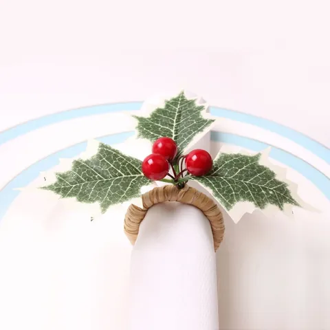 Christmas Napkin Rings With Artificial Red Berries And Green Holly Leaves For Holiday Dinner Party Table Decoration Home