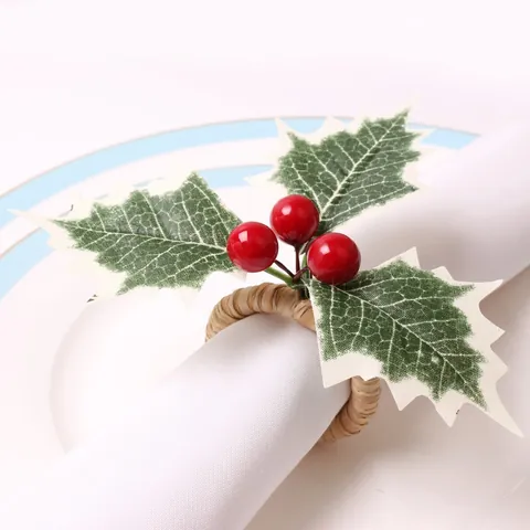 Christmas Napkin Rings With Artificial Red Berries And Green Holly Leaves For Holiday Dinner Party Table Decoration Home