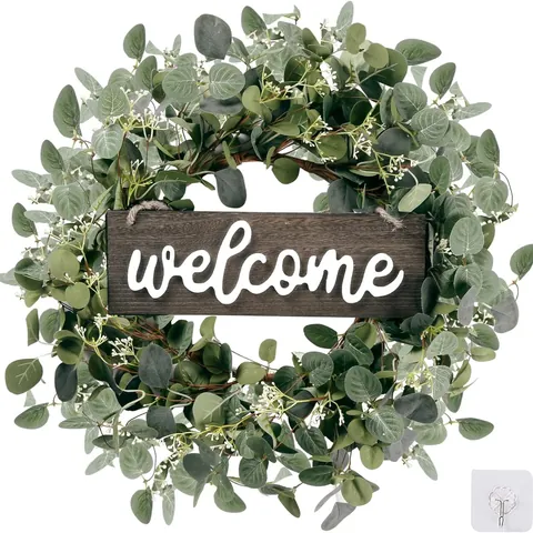 Guirlanda de Eucalipto Artificial Con Letrero de Welcome Placa de Madera Rama de Olivo Verde Bayas Corona para Puerta Pared Hogar Decoración