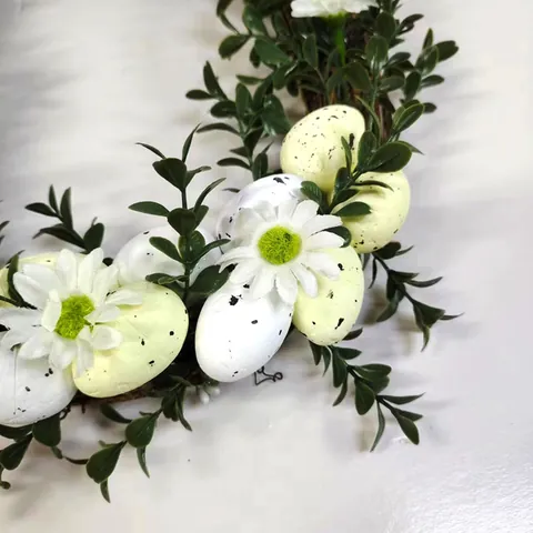 Easter Wreath With Artificial Speckled Eggs Daisy Flowers Green Leaves Warm White LED Lights Vine Base Hanging Door Decor