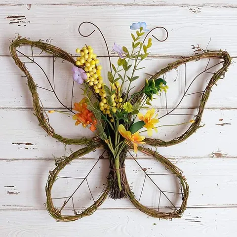 Guirnalda de Mariposa Pastoral Decoración Con Flores Artificiales Ratán Tejido Decoración de Pared Floral Primavera Para Puerta Hogar