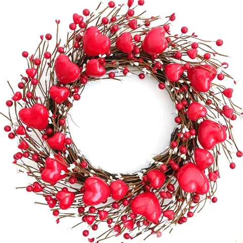 Valentinstag Herz Kranz Rote Beeren Weiße Knospen Rustikale Zweig Basis Für Haustür Wand Hochzeit Haus Dekor Romantisches Ornament