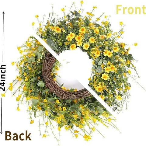 Artificial Daisy Wreath Eucalyptus Leaves Satin Flower Natural Vine Base Front Door Wall Hanging Floral Wreath For Home Wedding Decoration
