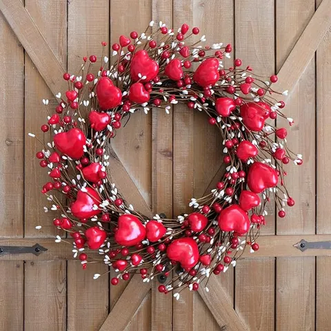 Valentinstag Herz Kranz Rote Beeren Weiße Knospen Rustikale Zweig Basis Für Haustür Wand Hochzeit Haus Dekor Romantisches Ornament