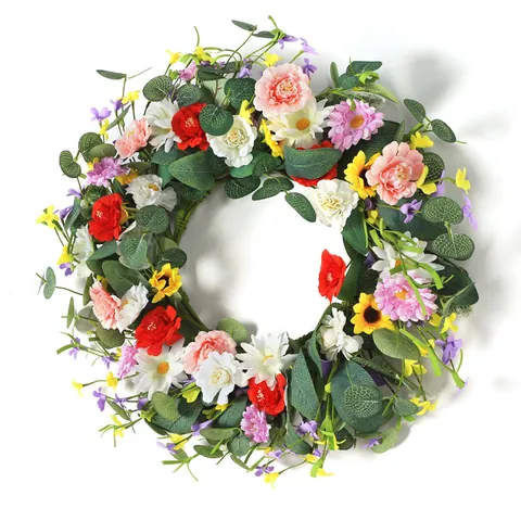 Künstlicher Wildblumenkranz Mit Satin Gänseblümchen Sonnenblume Eukalyptusblättern Für Haustür Hochzeit Wandbehang Deko