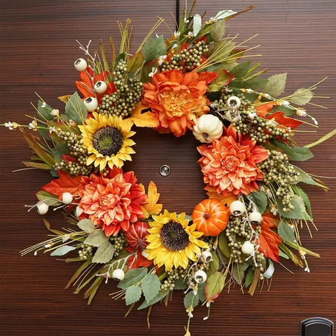 Sunflower Autumn Wreath With Pumpkin Dahlia Berries Artificial Maple Leaf Garland For Thanksgiving Halloween Home Decor