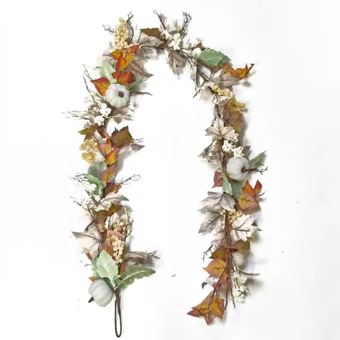 Artificial Autumn Maple Leaf Garland With White Pumpkins And Yellow Berries For Thanksgiving Halloween Harvest Farmhouse Home Decoration Vine
