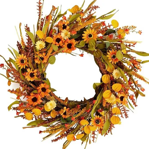 Autumn Harvest Sunflower Wreath Artificial Orange Yellow Daisy Floral Wreath For Thanksgiving Halloween Front Door Wall Decor