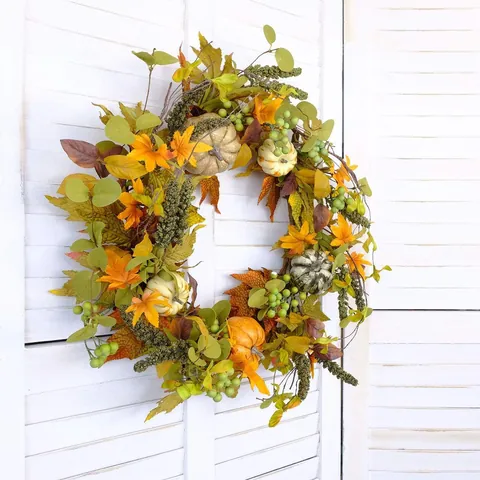 Artificial Autumn Wreath With Maple Leaves Pumpkins Green Berries For Thanksgiving Halloween Fall Harvest Door Wall Decor