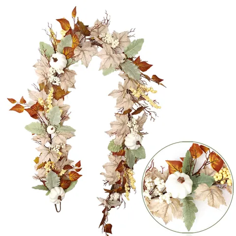 Artificial Autumn Maple Leaf Garland With White Pumpkins And Yellow Berries For Thanksgiving Halloween Harvest Farmhouse Home Decoration Vine