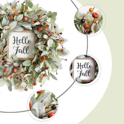 Artificial Fall Wreath With Mini Pumpkins Orange Berries Hello Fall Wooden Sign Front Door Wall Autumn Home Decor