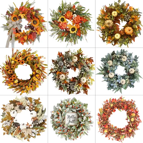Couronne Artificielle Récolte Automnale Avec Citrouille Feuille d'Érable Tournesol Baie Pour Porte Mur Action de Grâce
