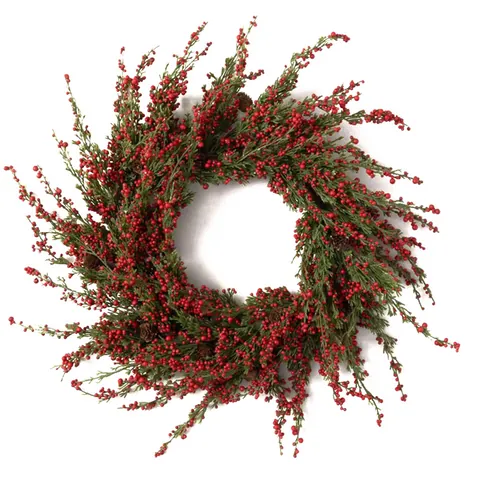 Guirnalda de Navidad Artificial de Bayas Rojas Agujas de Pino Swag con Piñas Puerta Pared Colgante Decoración Navideña