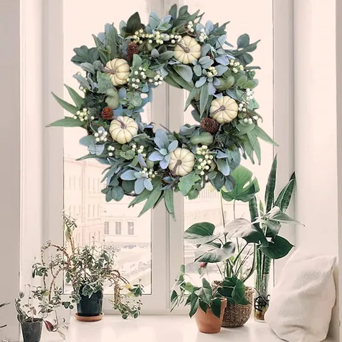 Artificial Autumn Wreath White Pumpkin Pine Cone Berries Eucalyptus Leaves Fall Thanksgiving Halloween Door Wall Home Decor