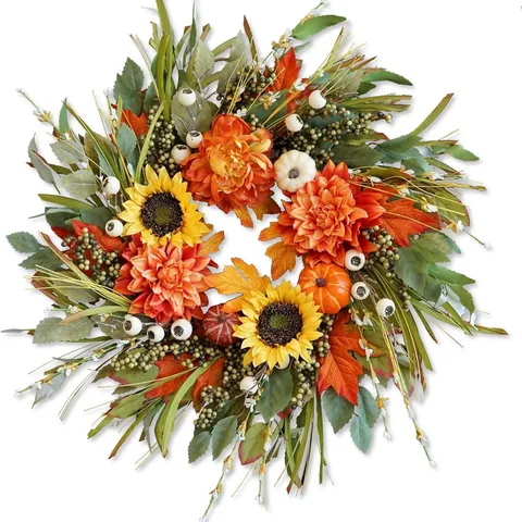 Sunflower Autumn Wreath With Pumpkin Dahlia Berries Artificial Maple Leaf Garland For Thanksgiving Halloween Home Decor