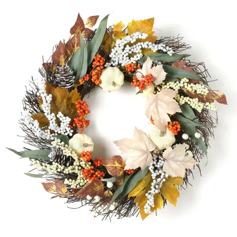 Autumn Wreath With White Pumpkins Berry Maple Leaves And Pine Cones For Thanksgiving Harvest Fall Door Decoration