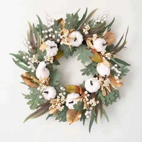 Ghirlanda Artificiale con Zucca Bianca e Foglie di Acero per Ringraziamento Halloween Decorazione da Appendere alla Porta