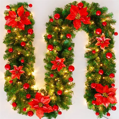 Luxury Artificial Christmas Garland With Red Poinsettia Flowers Pine Cones Berries Snowy Pine Needle Rattan For Stairs Door Mantel Home Holiday Decor