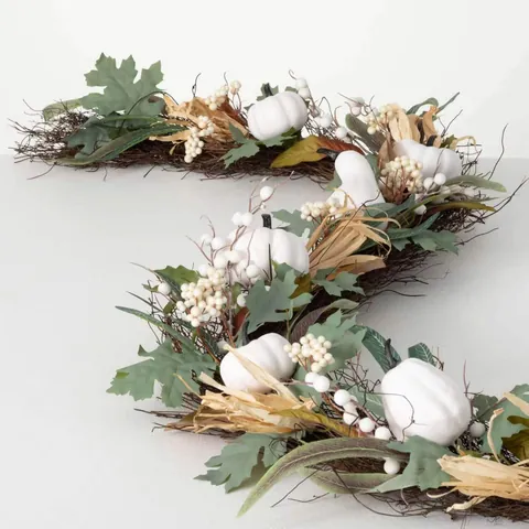 Ghirlanda Artificiale con Zucca Bianca e Foglie di Acero per Ringraziamento Halloween Decorazione da Appendere alla Porta