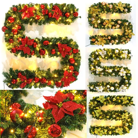 Luxury Artificial Christmas Garland With Red Poinsettia Flowers Pine Cones Berries Snowy Pine Needle Rattan For Stairs Door Mantel Home Holiday Decor