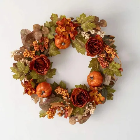 Ghirlanda Artificiale Autunnale con Zucca e Foglie di Acero Decorazione per Halloween e Ringraziamento Porta Parete Floreale