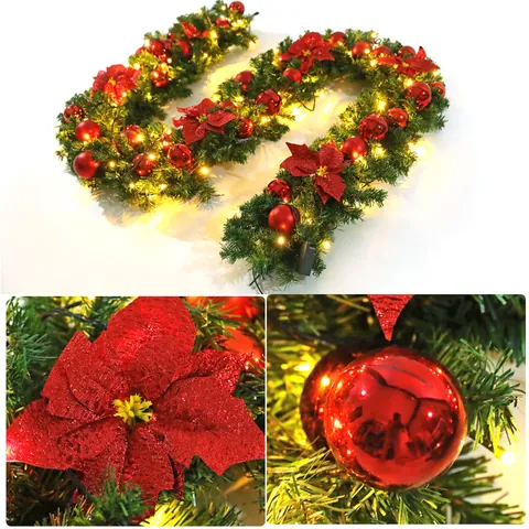 Christmas Garland With LED Lights Artificial Pine Needle Rattan With Red Poinsettia Flowers Balls Berries For Home Holiday Party Decor