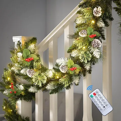 Christmas Pine Needle Garland With Pine Cones Red Berries Snow Tipped PVC Decorative Vine With Remote LED Lights Holiday Home Decor
