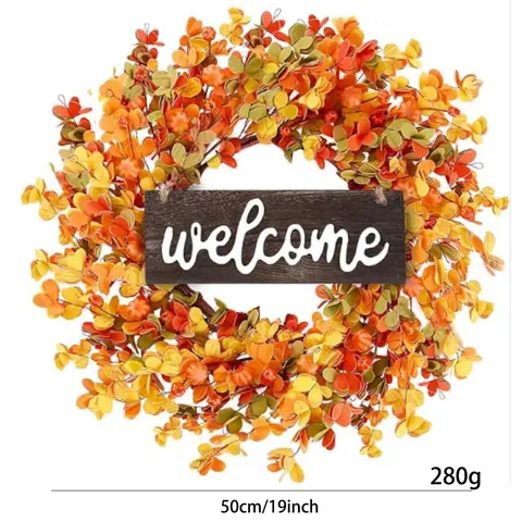 Autumn Wreath Thanksgiving Decoration For Front Door With Pumpkin Maple Leaves Berries And Welcome Wood Sign Fall Harvest Home Decor