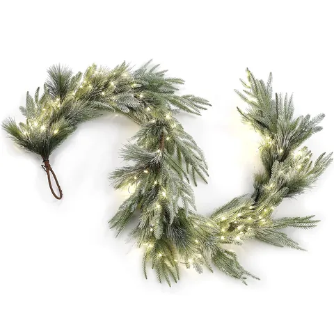 Kunstmatige Kerst Dennennaald Slinger Met Warm Witte Led Verlichting Sneeuwvlokken Slinger Voor Open Haard Deur Kerst Decoratie